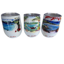 Three Wine Tumblers with stainless steel construction, depicting painted coastal scenes and the text "St. John.