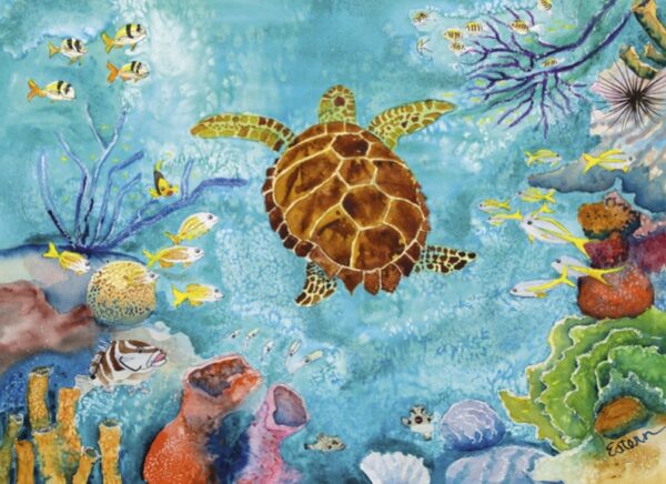 A watercolor painting of a turtle swimming in the ocean.