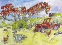 A watercolor painting of a red jeep with chickens, peacocks and a tree.