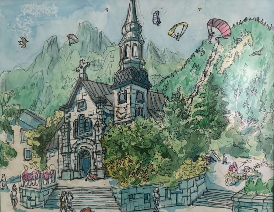 Illustration of a quaint church nestled in a mountainous landscape with people and paragliders enjoying the serene environment.