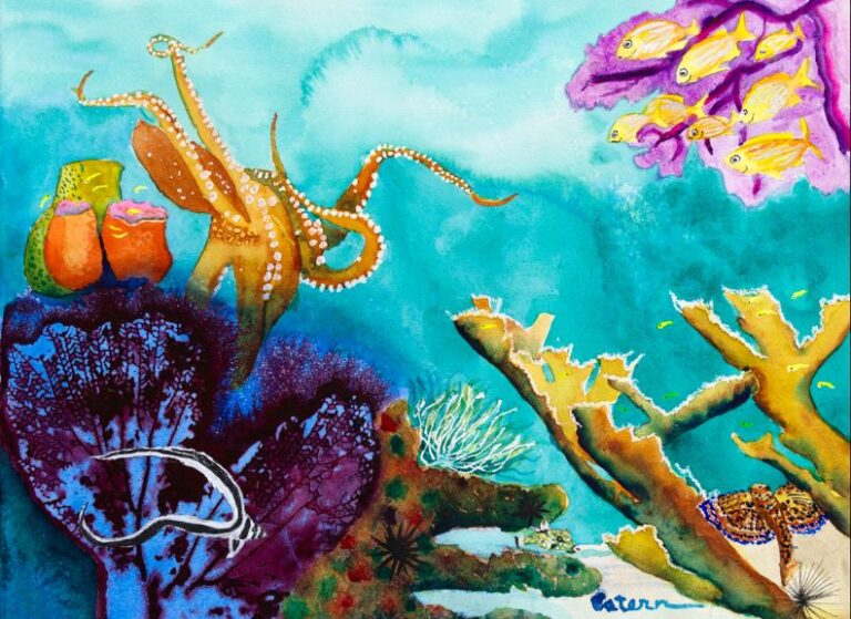 A colorful underwater scene depicting marine life with fish, an octopus, coral, and sea plants. The background is filled with shades of blue and green.