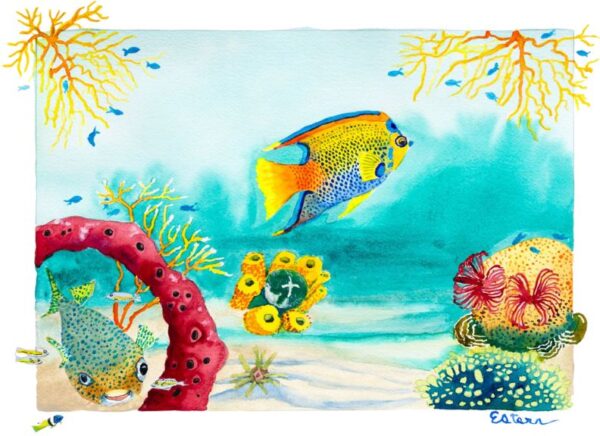 Watercolor painting of a vibrant underwater scene featuring colorful fish, coral, and sea plants on a sandy ocean floor.