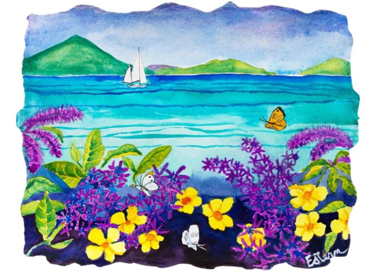 A vibrant painting depicting a sailboat on calm blue waters with distant green hills. Foreground features yellow and purple flowers, with butterflies flying among them.