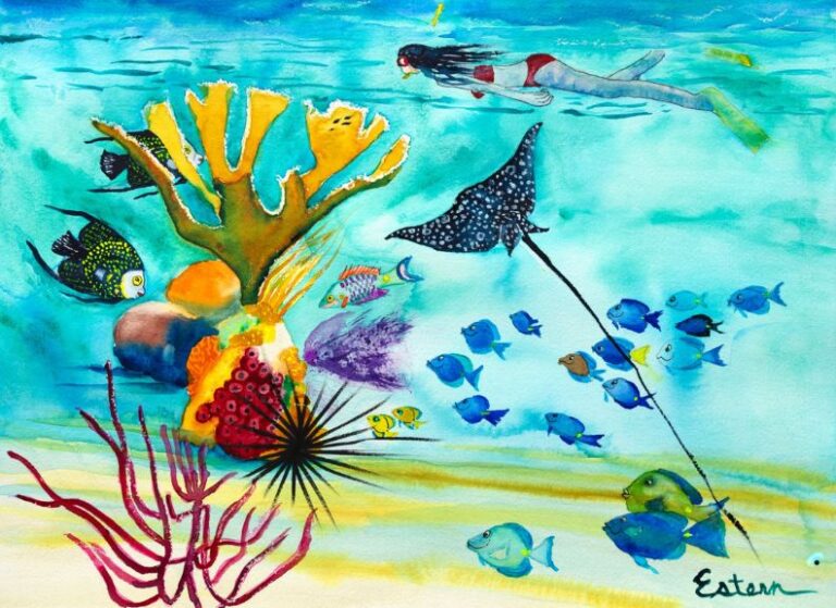 A vibrant underwater scene with a diver, different colorful fish, corals, and a spotted eagle ray. The caption includes the artist&#039;s signature, &quot;Esteban,&quot; in the lower right corner.