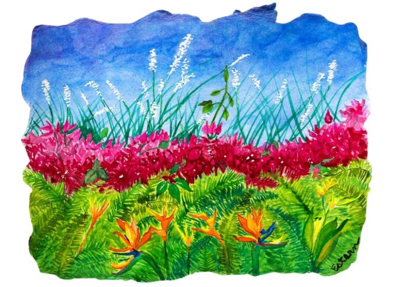 A vibrant watercolor painting depicting a garden scene with lush red and green foliage, tall white flowers, and bird of paradise flowers in the foreground against a blue sky backdrop.