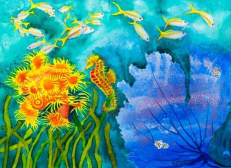 Colorful underwater scene with bright yellow fishes, a seahorse, and vibrant coral against a blue background.