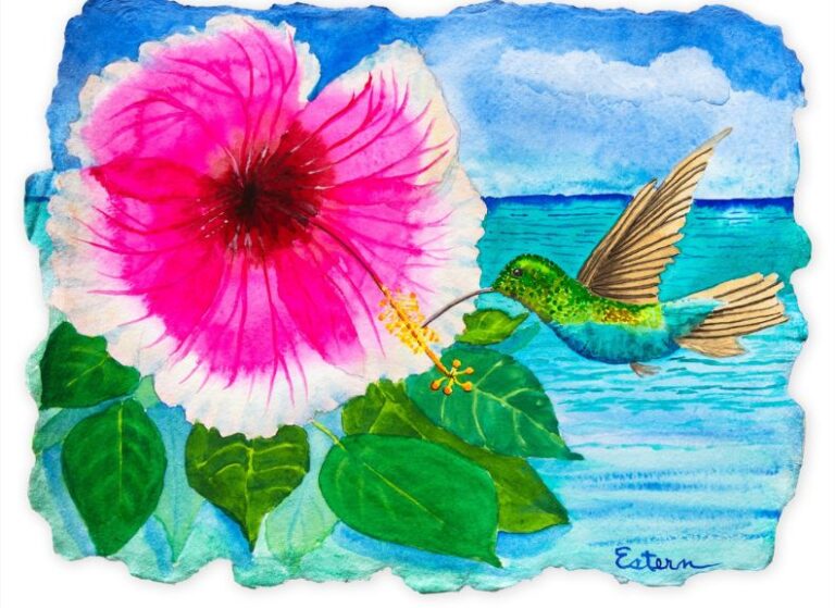 A watercolor painting of a hummingbird feeding from a large pink hibiscus flower near a seascape with blue water and sky.