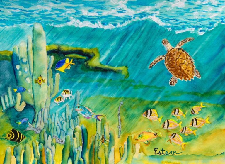 Underwater scene with various colorful fish swimming among coral reefs and a sea turtle in the upper right corner. Sunlight beams penetrate the water&#039;s surface. Artwork signed &quot;Esteen.