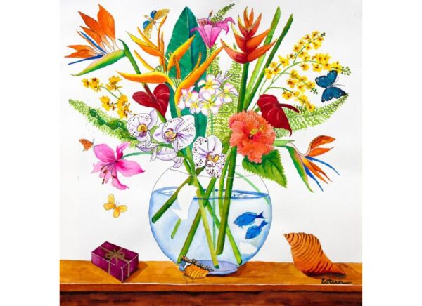 A vibrant floral arrangement in a round glass vase, with exotic flowers, butterflies, and fish. A small, gift-wrapped box and a curling ribbon sit on the table.