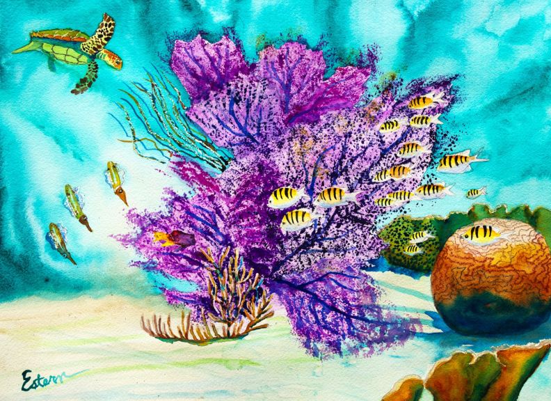 A vibrant underwater scene featuring a sea turtle, colorful fish, and purple coral set against a blue ocean background.