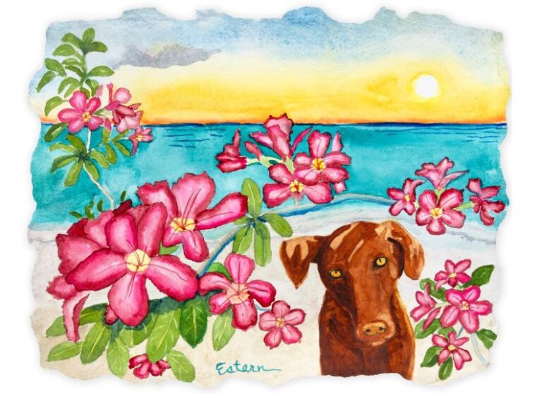 A watercolor painting depicts a brown dog among pink flowers on a beach at sunset, with the ocean and sky in the background.