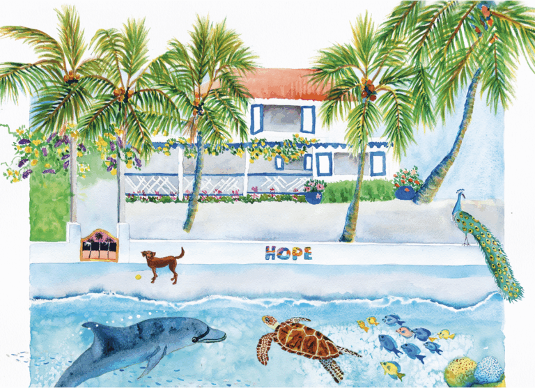 Watercolor scene of a tropical house with palm trees, a peacock, a dog, and marine animals including a dolphin, turtle, and fish, with the word "HOPE" on a wall near the shore.