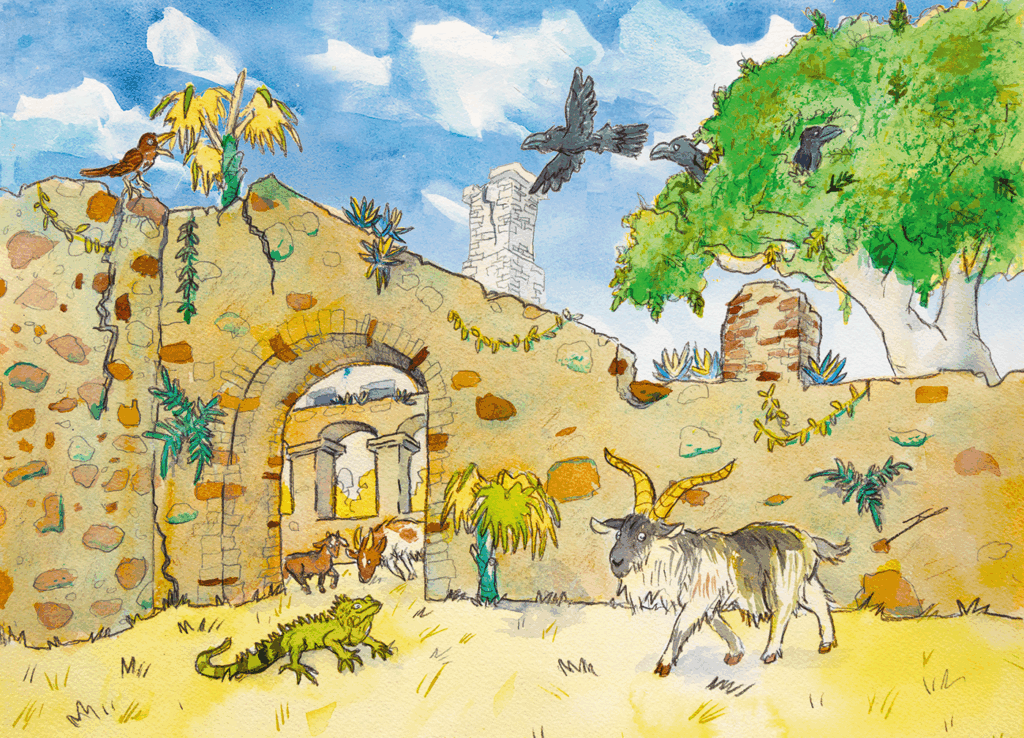 An old stone ruin with an arched entrance is surrounded by animals including crows, a goat, cows, a lizard, and birds under a blue sky with scattered clouds.