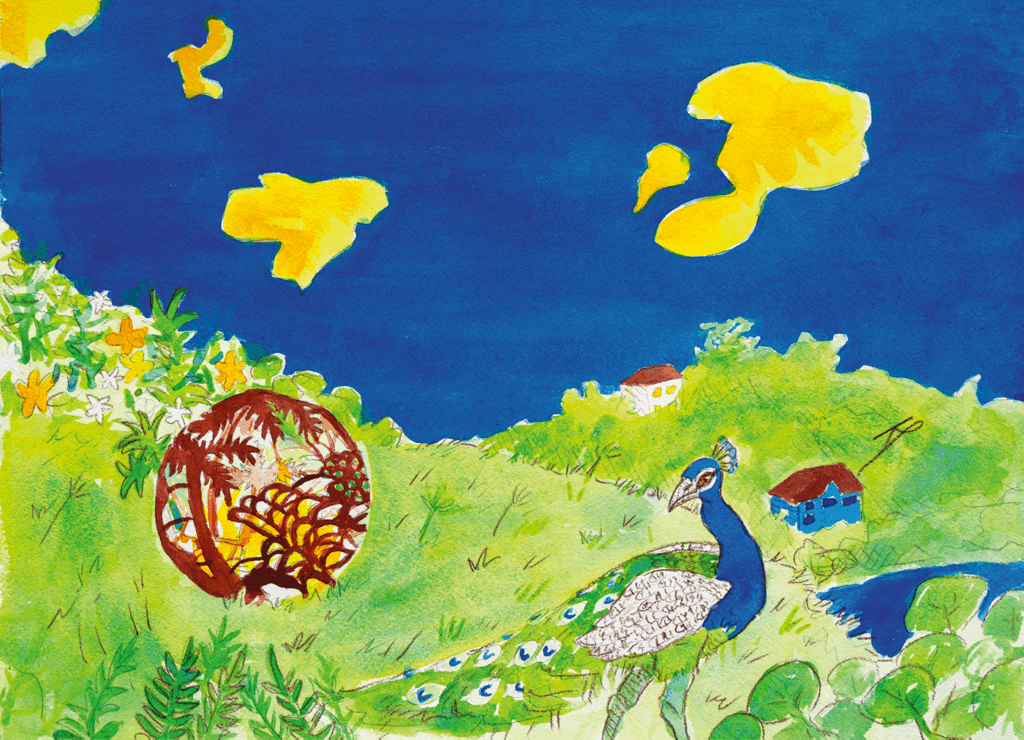 A peacock stands on green grass near a small pond, with two houses, yellow flowers, a basket, and scattered yellow clouds in a bright blue sky.