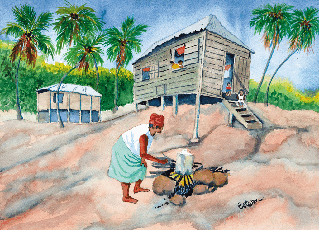 A woman cooks over an outdoor fire in front of a wooden house on stilts, with palm trees and another small building in the background. A child sits on the house steps.