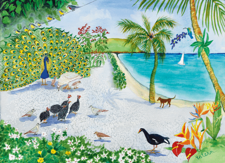 A peacock, birds, and chickens walk on a sandy beach lined with palm trees and flowers, with a dog by the ocean and a sailboat in the distance.