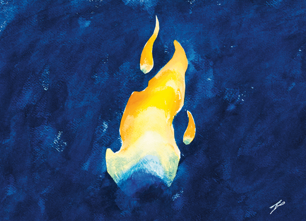 A yellow and orange flame stands out against a textured dark blue background, painted in a watercolor style.