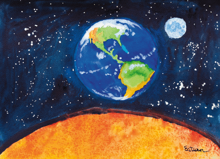 A watercolor painting of Earth and the Moon viewed from space, with part of a bright orange planet or surface in the foreground and stars scattered in the dark background.