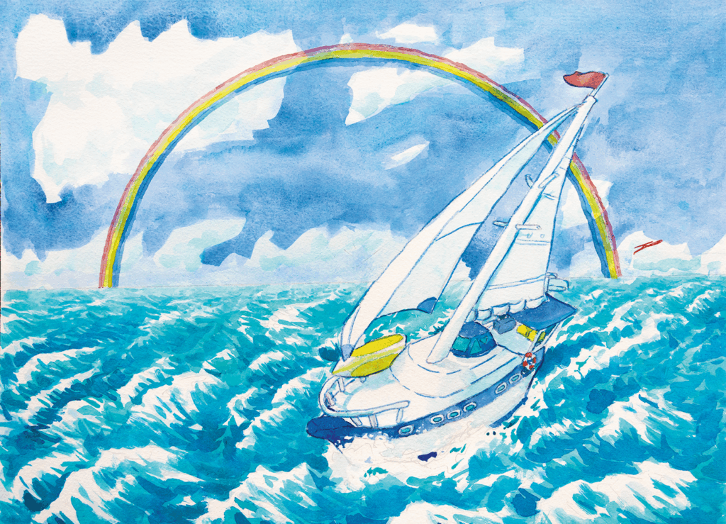 A sailboat navigates through choppy blue waves under a partly cloudy sky, with a rainbow arching across the background.