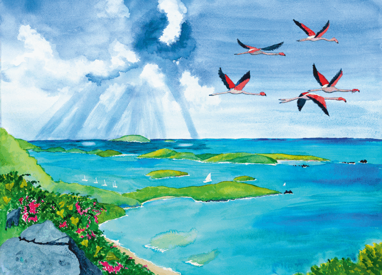 A watercolor painting shows four flamingos flying over a coastal landscape with green islands, blue water, white sailboats, and sun rays shining through clouds.
