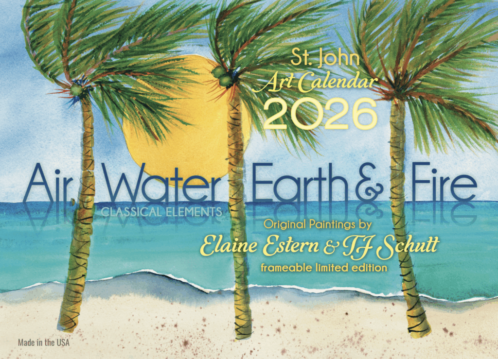 The "2026 St. John Calendar" features an illustrated cover with palm trees, sun, and ocean waves by Elaine Estern and JJ Schutt—perfect for fans of the St. John calendar series.