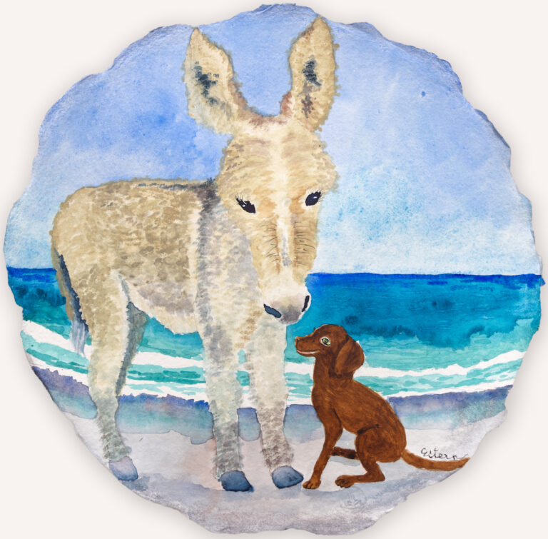 A watercolor painting of a donkey and a brown dog standing together on a beach with waves and blue sky in the background.