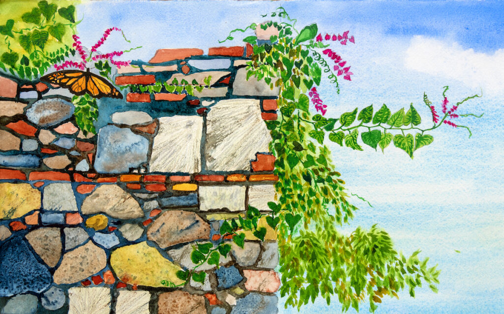 Watercolor painting of a stone and brick wall with green vines, pink flowers, and a butterfly perched on top, set against a blue sky.