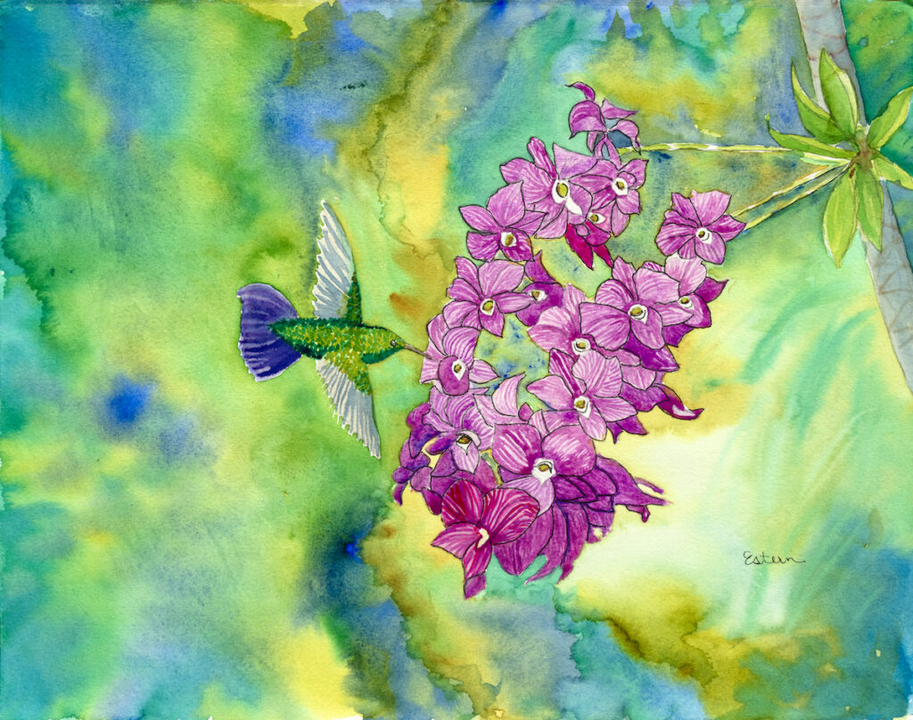 Watercolor painting of a green hummingbird hovering near a cluster of purple orchids, with a vibrant green and yellow abstract background.