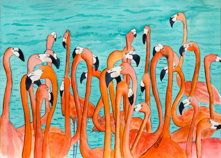 A flock of pink flamingos stands closely together in shallow blue-green water, with their long necks and legs visible.