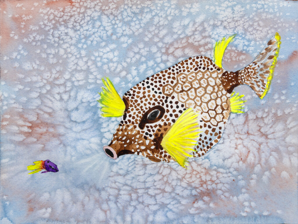 Watercolor painting of a brown and white spotted fish with yellow fins blowing a stream of water toward a smaller purple fish against a soft blue and pink background.