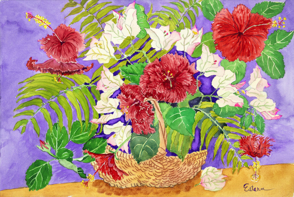 Watercolor painting of red hibiscus and white flowers in a woven basket with green leafy foliage, set against a purple background. The artist&rsquo;s signature is visible in the bottom right corner.