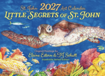 Illustrated sea turtle swims among colorful fish and coral, with text promoting a 2027 art calendar titled “Little Secrets of St. John” featuring paintings by Elaine Estern and TJ Schutt.