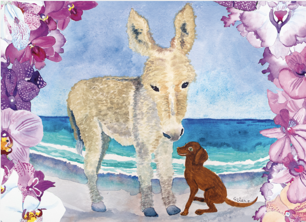 A watercolor of a donkey and a brown dog on a beach, framed by pink and purple orchids. The ocean and sky are in the background.