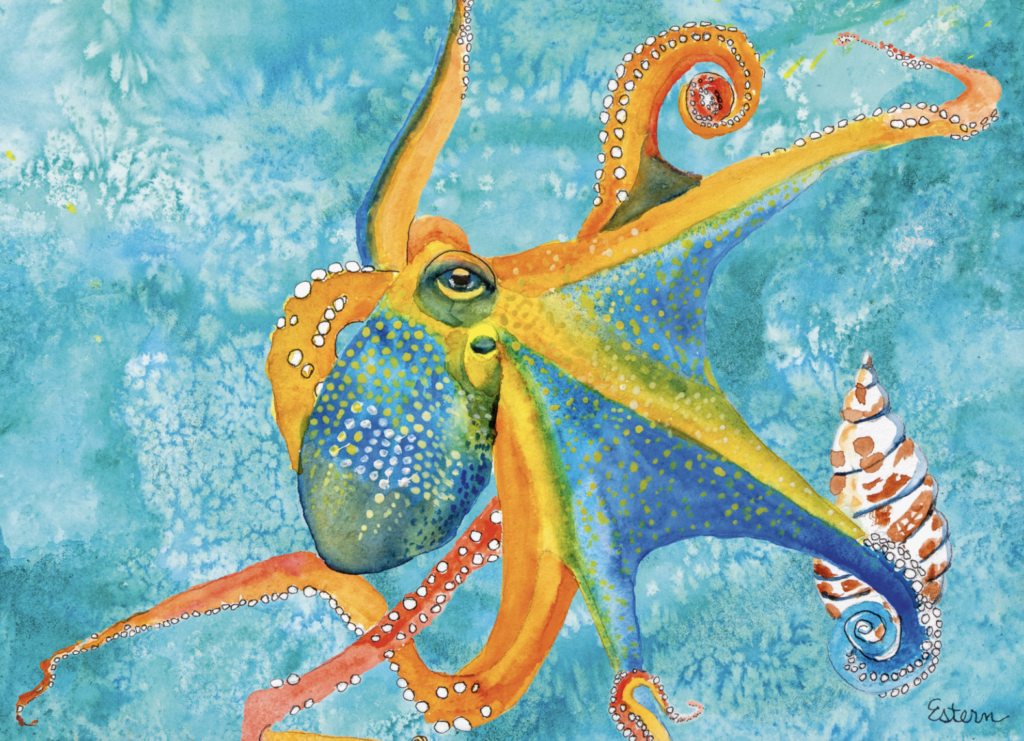 Watercolor painting of a blue and orange octopus extending its arms in blue water, with a patterned seashell nearby.