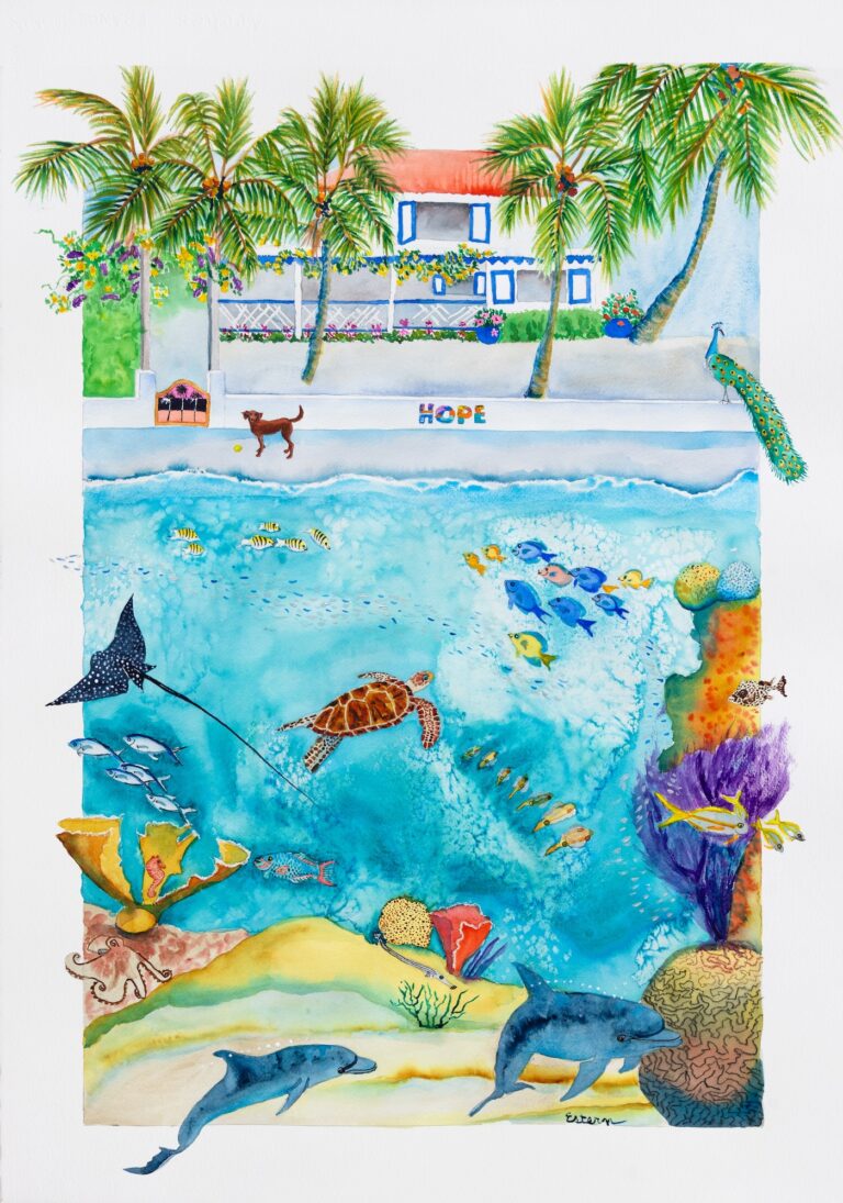 Tropical house with palm trees at top; ocean scene below with fish, turtle, ray, dolphins, and colorful coral; dog, mailbox, and peacock on shore.