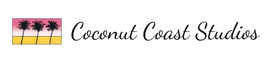Logo for Coconut Coast Studios featuring an icon of three palm trees against a pink and yellow sunset.